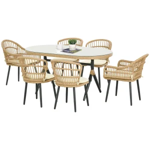 Salon de jardin extérieur en résine tressée 6 places ensemble de salle à manger - 1 table rectangulaire et 6 chaises avec coussins - plateau en verre trempé, cadre en acier, bois naturel