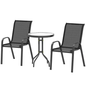3 pièces salon de jardin extérieur ensemble de meubles 2 fauteuils empilables table basse dessus en verre trempé noir