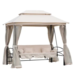 Balancelle de Jardin 3 Places Convertible Style Colonial Grand Confort 2 Coussins + Matelas + moustiquaires Inclus Noir Beige