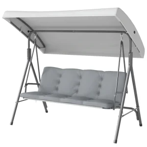 Balancelle de Jardin 3 Places Grand Confort Toit Inclinaison réglable épais Coussins Amovibles Acier gris clair