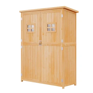 Abri de Jardin en bois Armoire de Jardin dim. 127,5L x 50l x 164H cm 2 étagères 2 Portes 2 fenêtres Toit bitumé étanche Bois Massif Sapin pré-huilé bois naturel